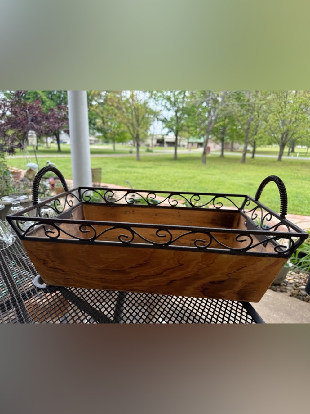 Wooden Planter Box with Decorative Black Metal Trim
